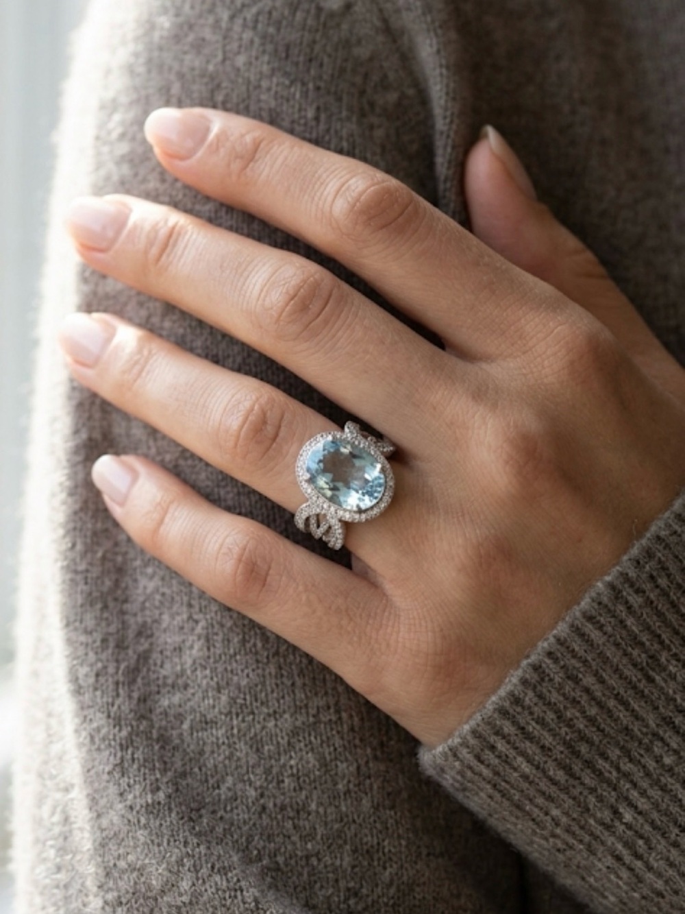 Aquamarine Blue Oval CZ Halo Cocktail Ring — Silver Tone | Size 7
